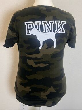 PINK Victoria's Secret Olive Green Camo Graphic Tee with White Logo